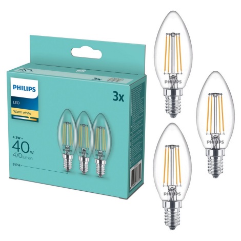 PACK 3x LED Bulb Philips B35 E14/4.3W/230V 2,700K