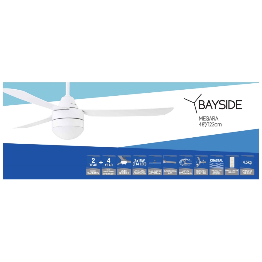 BAYSIDE 531016 - Ceiling fan MEGARA 2xE14/15W/230V white + remote control
