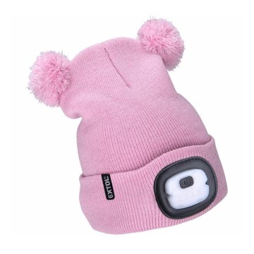 Extol - Hat with a headlamp and USB charging 250 mAh pink with pompoms size children's