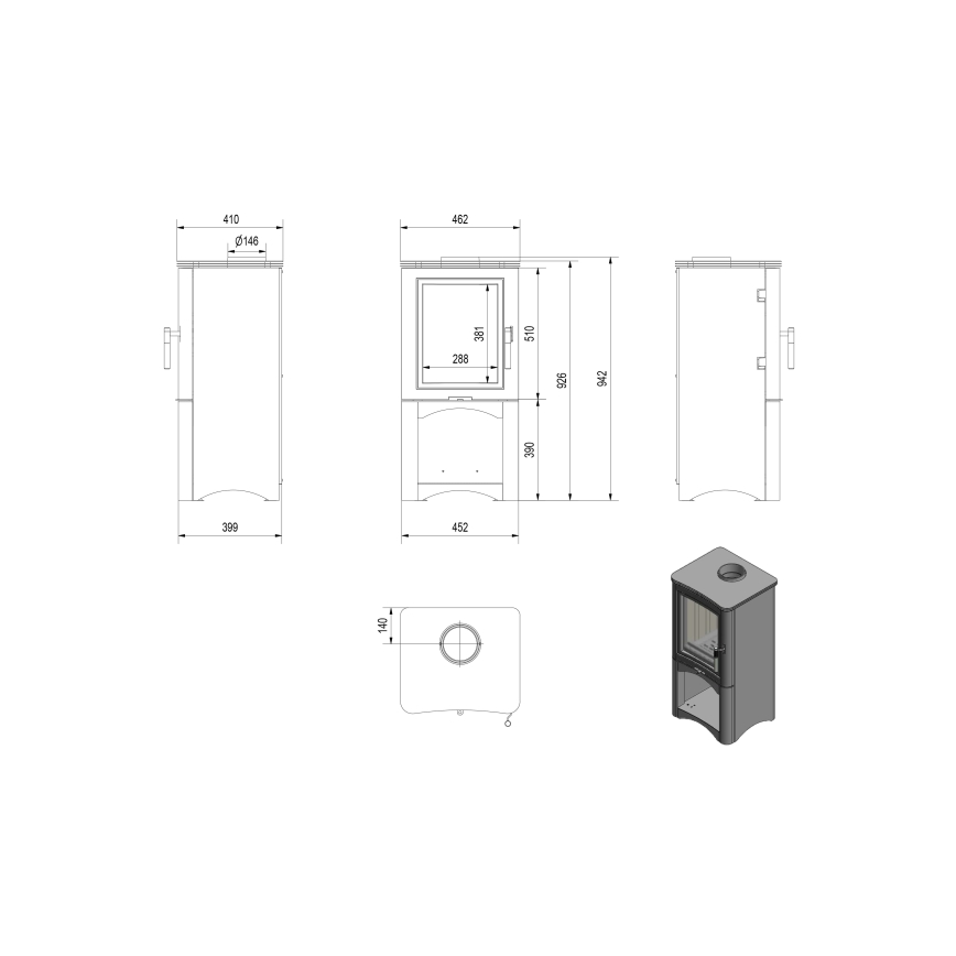 Kratki - Steel fireplace 7kW 150mm