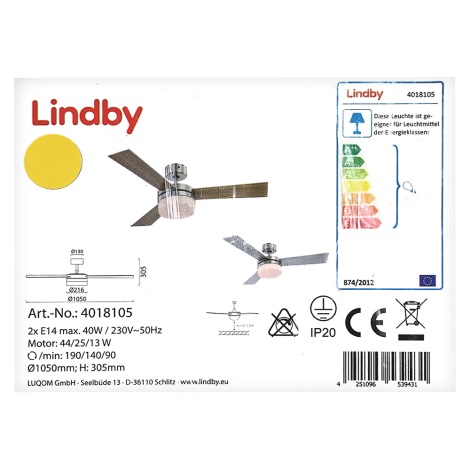 Lindby - Ceiling fan ALVIN 2xE14/40W/230V + remote control