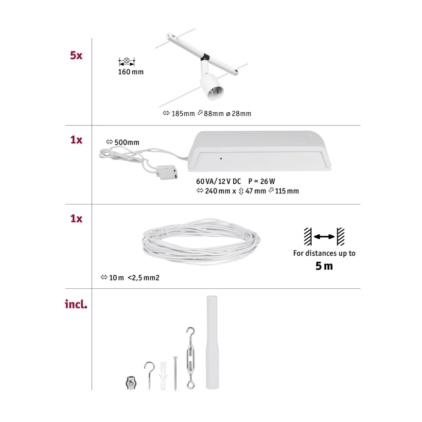 Paulmann 94458 - SET 5xGU5,3/10W Spotlight for string system SALT 230V white
