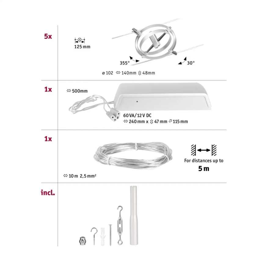 Paulmann 94490 - SET 8xGU5,3/7,5W Spotlight for string system CARDAN 230V matte chrome