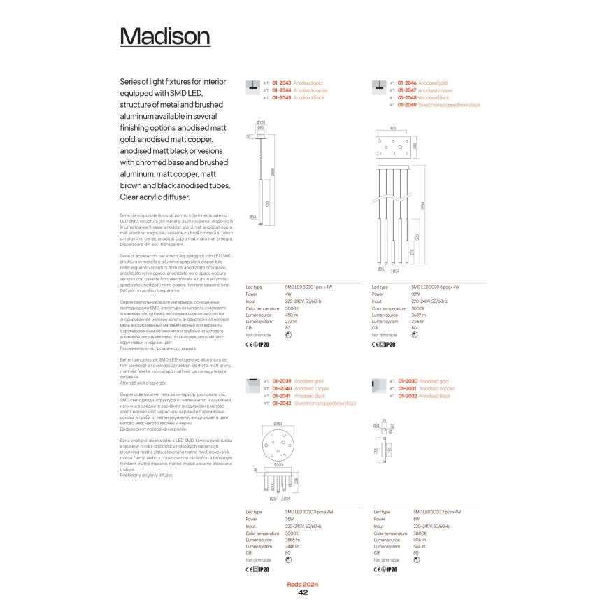 Redo 01-2043 - LED Chandelier on a string MADISON LED/4W/230V gold