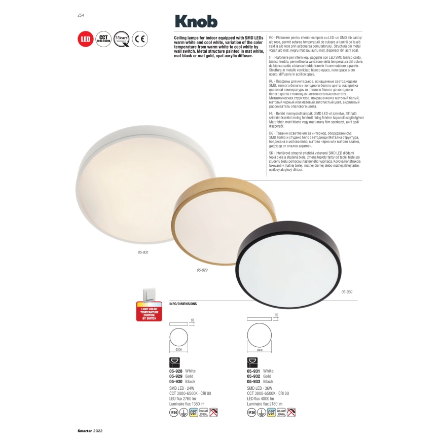 Redo 05-929 - LED Ceiling light KNOB LED/24W/230V 3000K-6500K 30 cm gold