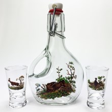 Set  1x Big bottle + 2x glass for shots clear with a forest animals motif