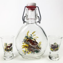 Set 1x glass bottle and 2x glass for shots clear with an animal motif