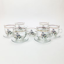 Set 6x glass cup with a saucer and 1x sugar bowl clear