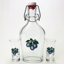 Set vector - 1x big bottle + 2x glass for shots clear with a plum motif